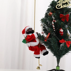 Electric Black Santa Claus climbing gold bead chain on a festive decorated Christmas tree