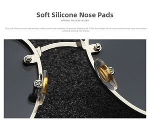 Macro view of silver metal nose bridge with transparent anti-slip silicone pads for sunglasses