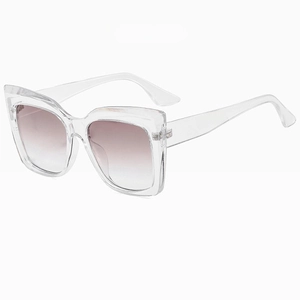 Detail view of the transparent frame and double gray gradient lenses of these sunglasses