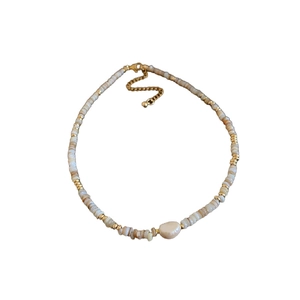 Elegant 14K gold plated necklace with shell beads and a central irregular baroque pearl