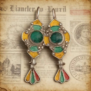 Détail de boucles d'oreilles ethniques vintage avec pierres vertes et émail coloré sur papier
