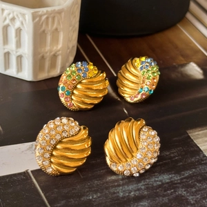 Vintage Stainless Steel Spiral Twist Stud Earrings For Women Colorful Clear Rhinestone Gold Plated Elegant Jewelry Gift