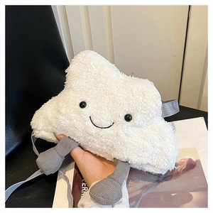 Detail of white fluffy cloud plush crossbody bag with cute face and corduroy legs