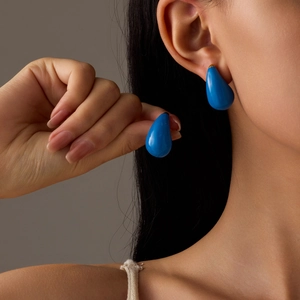 Minimalist blue enamel teardrop earrings with gold metal accents for women