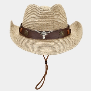 Western straw cowboy hat in beige with bull head metal ornament and adjustable chin cord