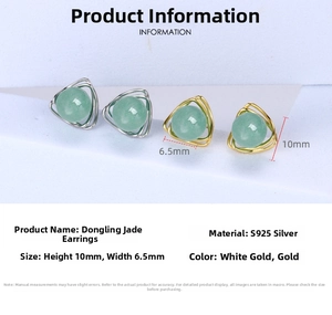 Detail view of S925 sterling silver aventurine jade earrings with triangular design