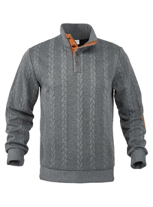 Detail of grey polo shirt collar and polyester size M label with brown trim accents