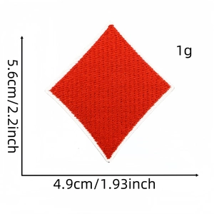 Detailed view of red diamond embroidered card patch with precise dimensions 5.6cm x 4.9cm