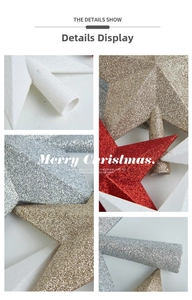 Detail showing glittery Christmas star tree toppers in red, gold, silver and white finish