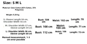 Detailed size chart for striped long sleeve t-shirt showing S, M, and L dimensions
