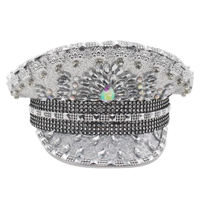Sparkly silver military hat with rhinestones and crown emblem for festival parties