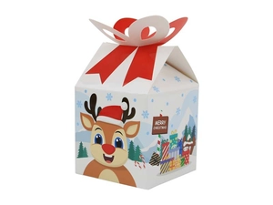 Detailed view of Christmas candy box with reindeer illustration and red ribbon bow