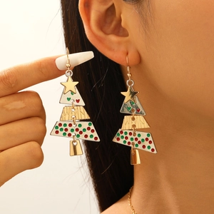 Close-up of alloy Christmas tree earrings with colorful polka dots on a female model