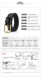 Detailed size chart for men's alloy pin buckle belt showing waist measurements and lengths