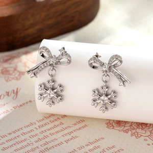 Bowknot Snowflake Ear Cartilage Stud Piercing Zircon Inlaid Titanium Steel Copper Screw Back Winter Style For Women