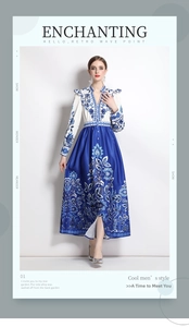 Detail of vintage French style dress with blue floral print and waisted slimming design