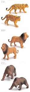 Detailed realistic textures of miniature tiger, lion, and brown bear zoo model toys