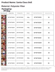Detailed technical specification table showing sizes and weights for Santa Claus figurines