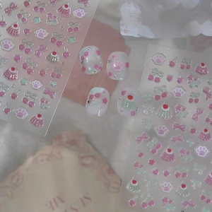 Cute jelly 3D nail art stickers featuring pink cat paws, cherries, and star motifs