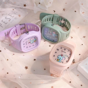 Detail of square silicone watches with cartoon elephant dials in pastel macaron colors