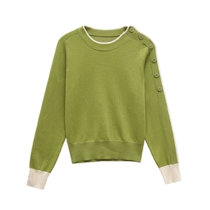 Women Knit Sweater Mercerized Cotton Round Neck Long Sleeve Contrast Trim Shoulder Buttons Loose Casual Top