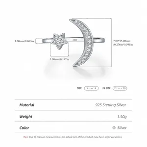 Romantic S925 sterling silver moon and star open ring with sparkling zircon stones