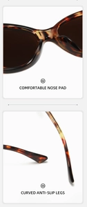 Detailed view of comfortable nose pads and curved anti-slip legs on tortoiseshell sunglasses