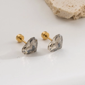 Boucles d'oreilles cœur en acier titane doré avec cristaux de zircone gris et vis arrière