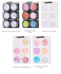 Detailed view of 5 glitter sets with 6 jars each for stage makeup and nail art decoration