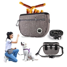 Waterproof grey polyester pet training pouch showing durable waist strap and outdoor usage