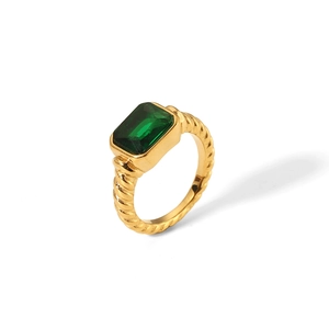 French vintage 18K gold stainless steel twist ring with emerald green zircon stone