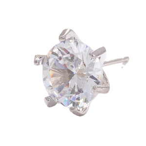 Elegant silver-plated geometric earrings with six-prong set clear zircon stones on white background
