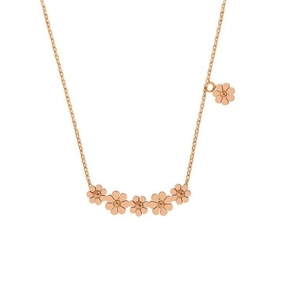 Rose gold daisy necklace with five floral charms and crystal accents on white background