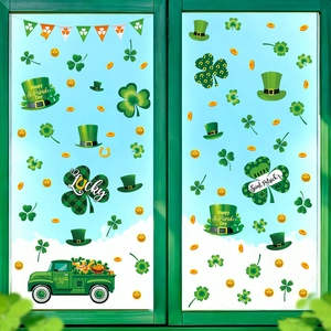 St. Patrick's Day window stickers set featuring shamrocks, gold coins and festive truck