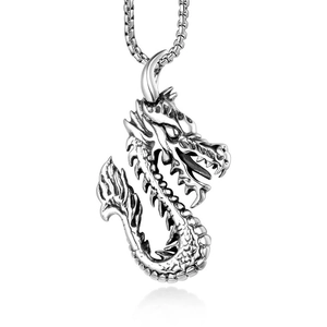 Collier Pendentif Dragon en Acier Inoxydable Vintage pour Homme Dragon Chinois Punk Hip Hop Bijoux Ton Argent Sans Chaîne