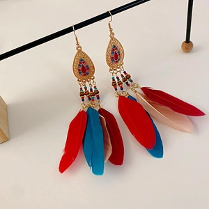 Detail of bohemian teardrop earrings featuring colorful enamel patterns and natural feathers