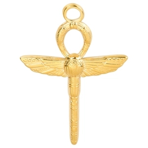 Golden stainless steel Egyptian Ankh pendant with winged scarab design on white background