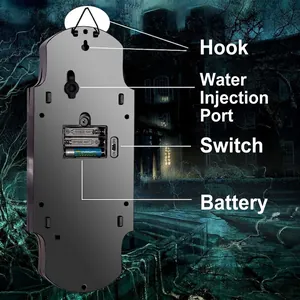 Halloween scary doorbell back view with battery compartment and water fill hole