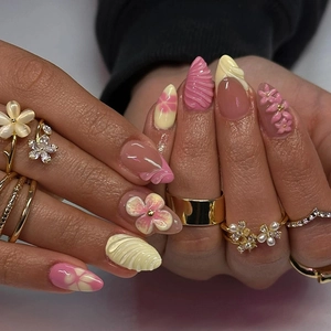 Sommer 3D Blume Nagel-Tips Farbverlauf Rosa Gelb Mandel Künstliche Nägel Mit Muschelstruktur Französischer Stil Fingernägel