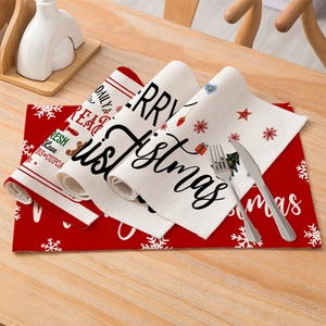 Christmas cotton linen placemats with festive red snowflakes and Merry Christmas prints