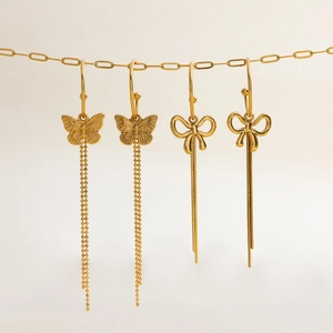 18K gold plated bow and butterfly drop earrings with elegant long tassel chains