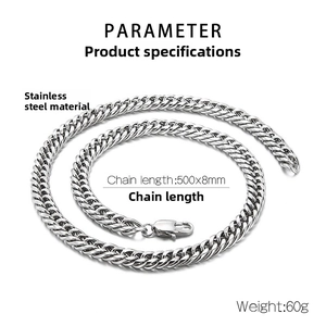 Détail d'une chaîne gourmette en acier argenté de 8mm avec dimensions et fermoir