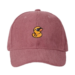 Pink corduroy baseball cap with cute embroidered yellow duck wearing sunglasses