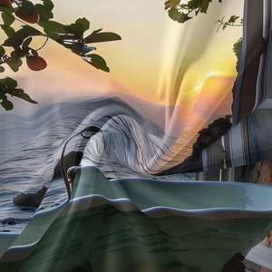 Detailed view of bohemian sunset tapestry with ocean waves and sunset beach landscape