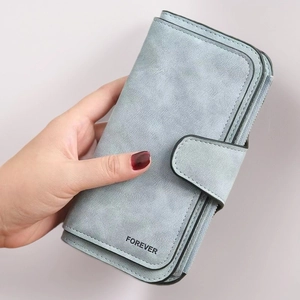 Detail of greyish-blue matte long wallet with FOREVER logo and black edge oil finish