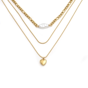 Three-layer 18k gold plated titanium steel necklace with heart pendant and baroque pearl