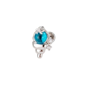 Silver ocean seashell ear stud with blue sphere and sparkling zircon micro-inlay