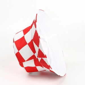 Fashionable red and white checkered bucket hat with a reversible flat top design