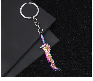 Macro shot of rainbow gradient metal broadsword keychain on a professional matte background