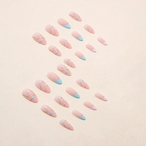 Pink matte almond press-on nails with blue French tips and golden heart details